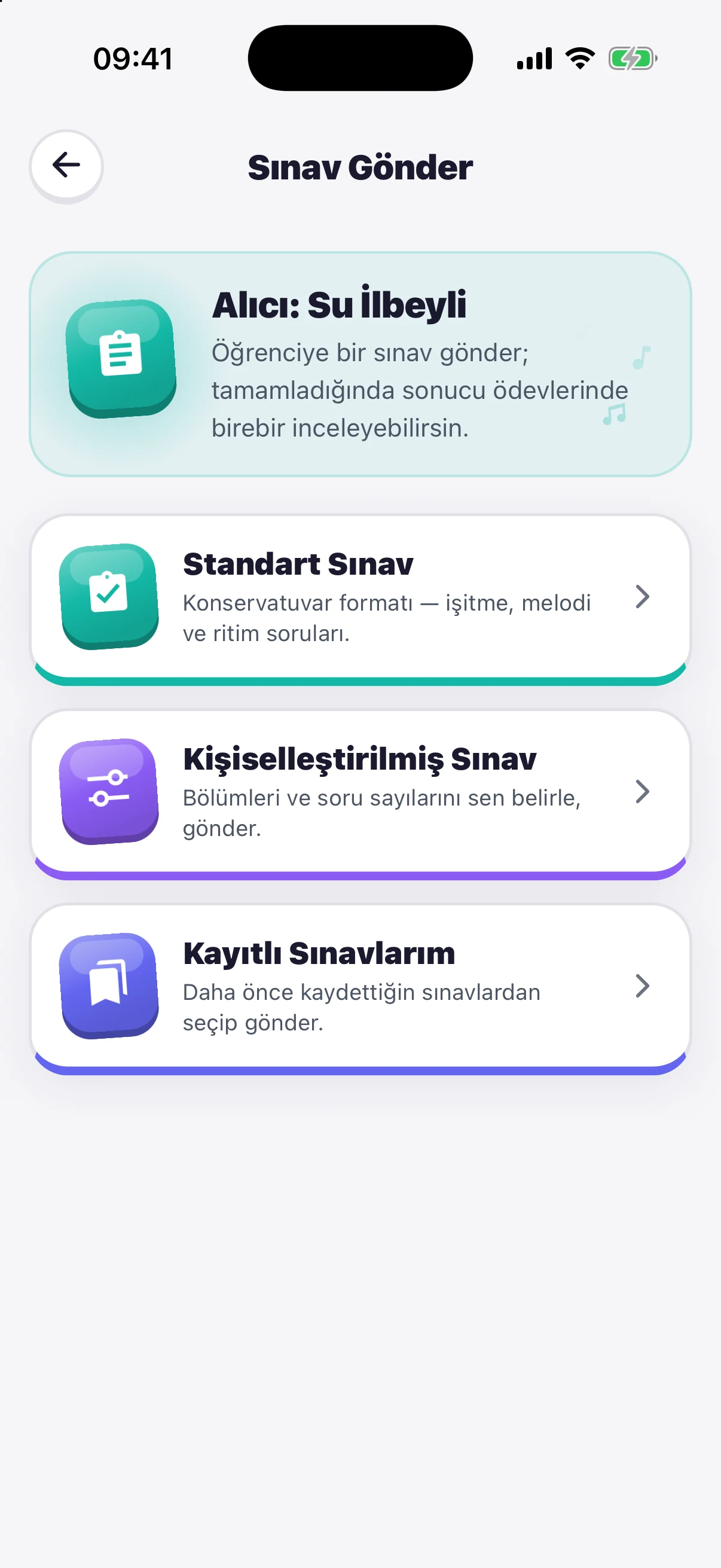 Öğretmen ekranı: sınav gönder — standart, kişiselleştirilmiş, kayıtlı